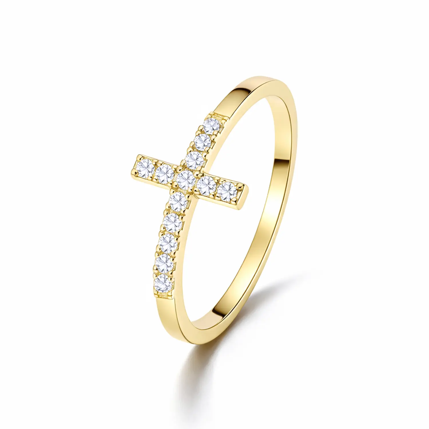 14K Gold Plated Sideways Cross Ring for Women, 925 Sterling Silver CZ Stackable Ring, Hypoallergenic Lightweight Religious Band for Everyday Wear, Work, Party, Church, Vacation & Date Night, Trendy Jewelry Gift for Her Sizes 5/6/7/8/9