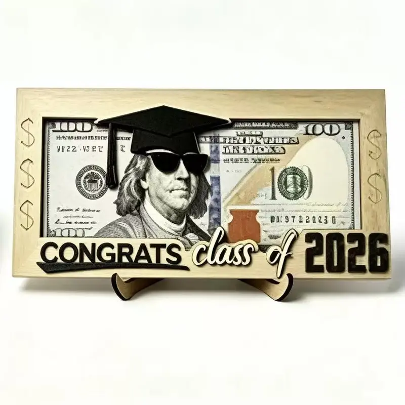 Creative Wooden Gift Holder 2026 Graduation - Unisex Free-Standing Senior Keepsake Engraved with 'Congrats Class of 2026', Graduation Cap Silhouette, Hilarious 'Cool Shades' Magic, Festive Party Supply, From Gift Table to Dorm Decor (Blue/Pink/Black)