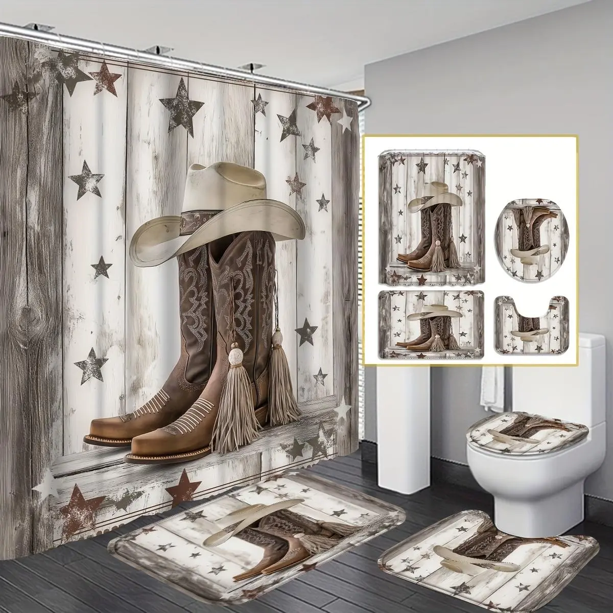 Cowboy Boots & Hat Pattern Shower Curtain Set, 4 Counts/set Including Shower Curtain & Toilet Mat & Bath Mat & Toilet Lid Cover, Western Shower Curtains For Bathroom, Bathroom Decor Supplies, Bathroom Decoration Accessories, Restroom