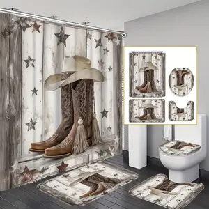 Cowboy Boots & Hat Pattern Shower Curtain Set, 4 Counts/set Including Shower Curtain & Toilet Mat & Bath Mat & Toilet Lid Cover, Bathroom Decor Supplies, Restroom