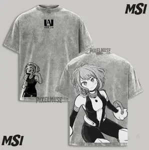 Uraraka Ochako MHA T-Shirt | UA Class 1-A Acid Washed Oversized Tee, Monochrome Battle Suit Manga Bootleg Style, Heavyweight Gray Fandom.