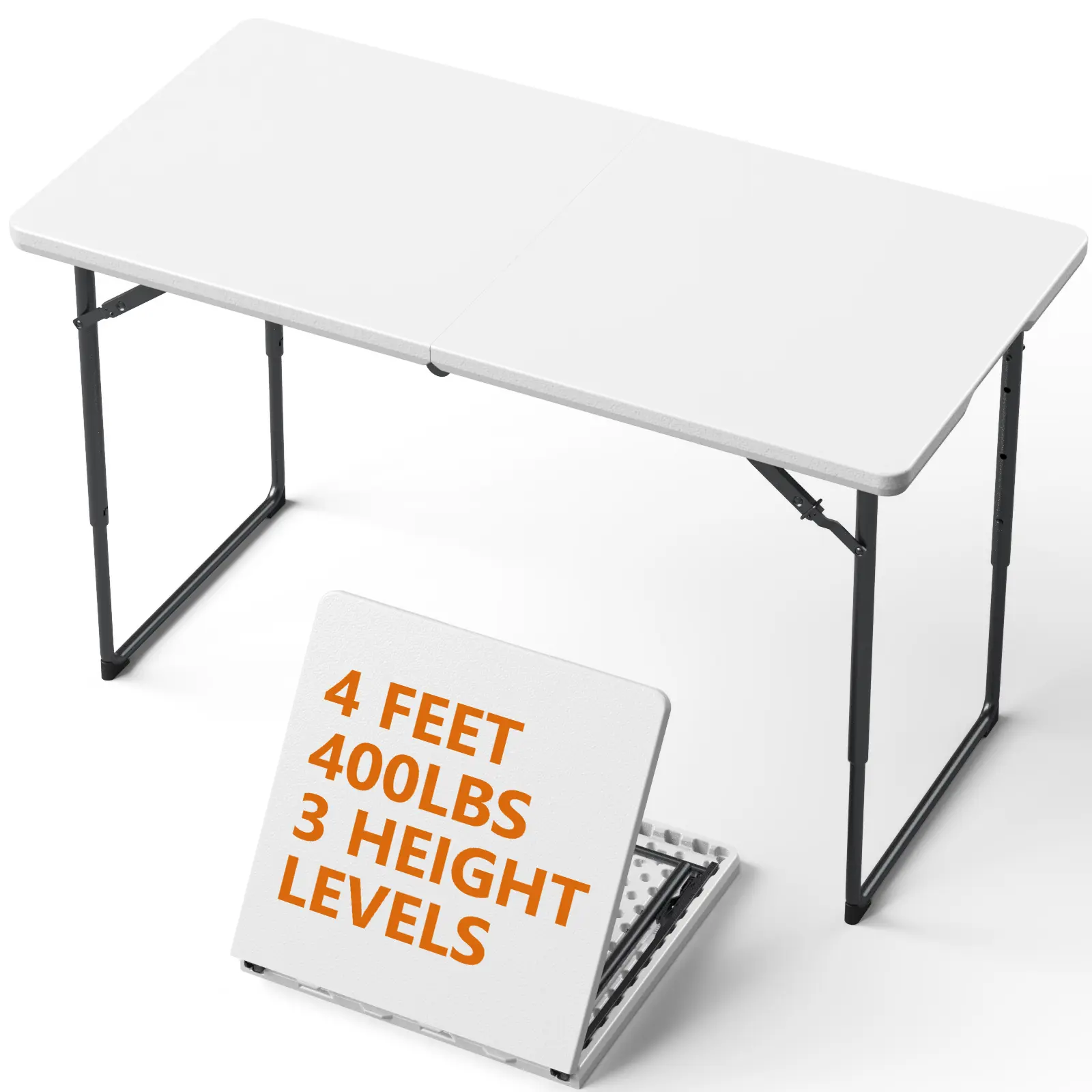 4FT Folding Table, No Assembly Portable Event Table and Chairs Set, 3 Adjustable Height,Heavy Duty Foldable Card Table for Outdoor, Camping, Patio, Picnic, Dining, Indoor