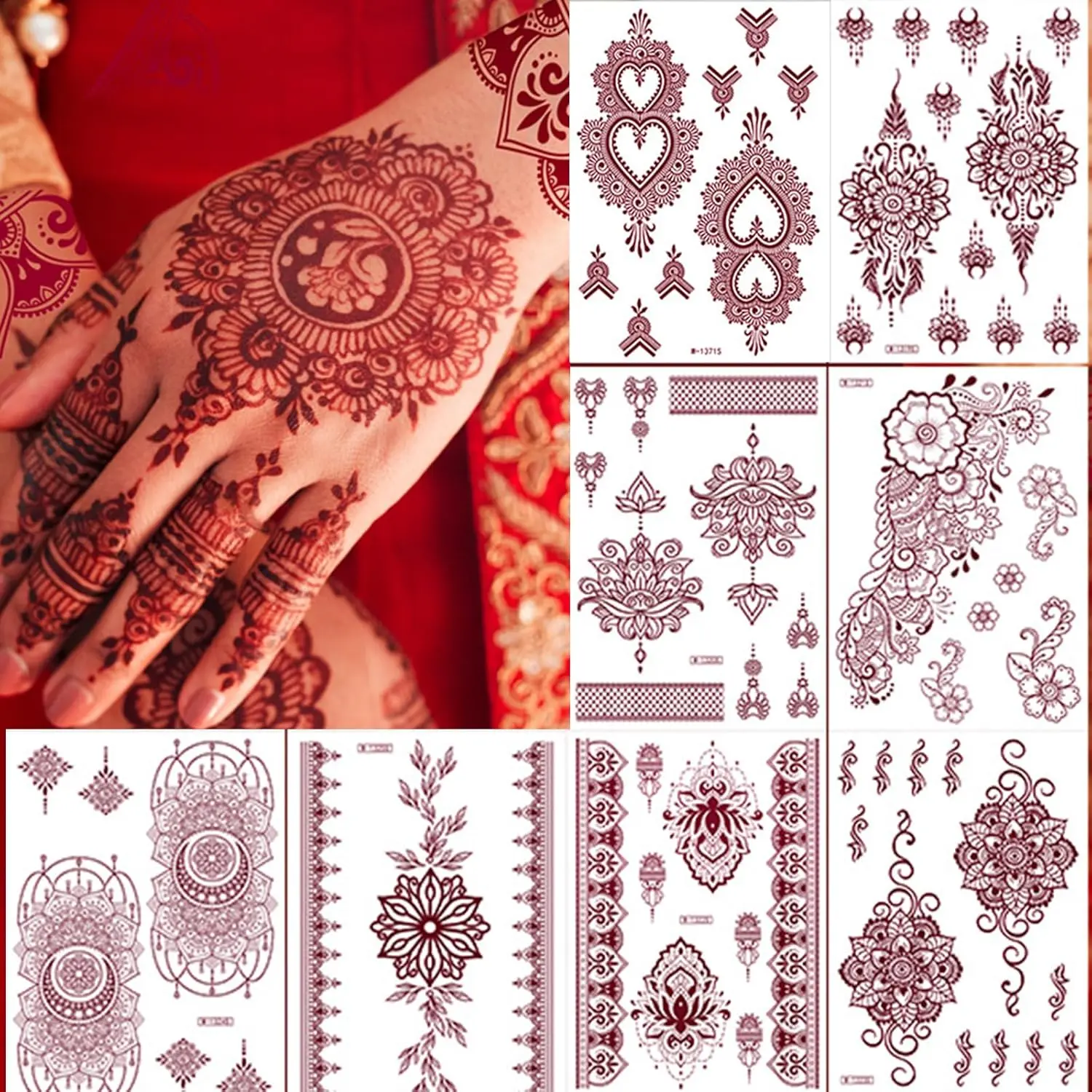 8 Sheets Brown Henna Tattoo Kit Lace Fake Temporary Tattoos Stickers Waterproof Henna Tattoo Henna Designs Henna Stencil for Women Wedding Cosplay Party Festival Holiday Face Body Art Tattoos Decor