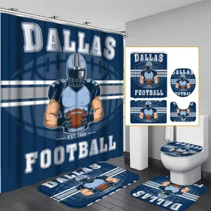 4pcs Dallas Football Shower Curtain Bathroom Sets Full Sets, Navy Blue Sports Theme Bathroom Home Decor And Accessories with Rug, Toilet Lid Cover, Bath Mat & 12 Hooks, American Helmet Stadium Style Shower Curtain for Men's Bathroom, Sports