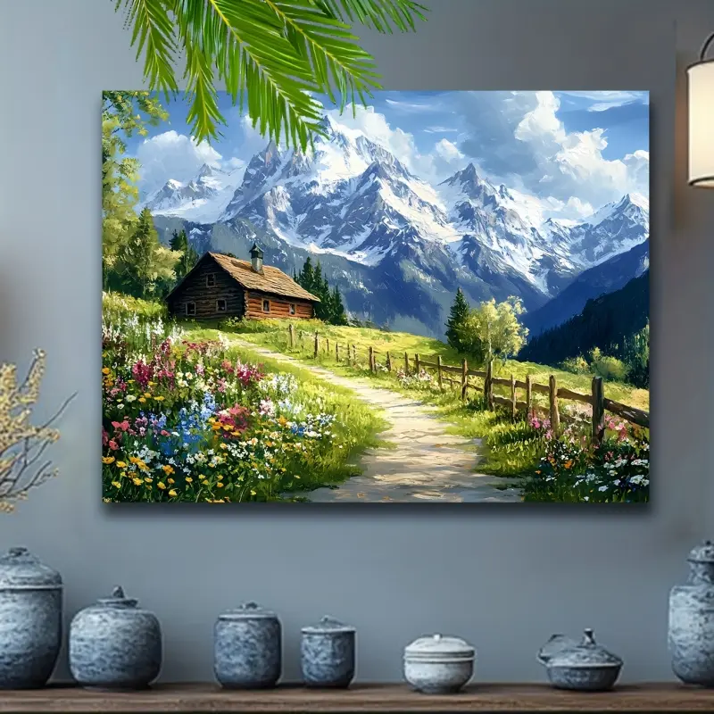 Vivid Alpine mountain scenery painting - magnificent snow-capped mountains, wooden houses and open grasslands with wooden fences and pathways, suitable for interior wall decoration in living rooms, bedrooms, offices or kitchens, living room decoration|Nat