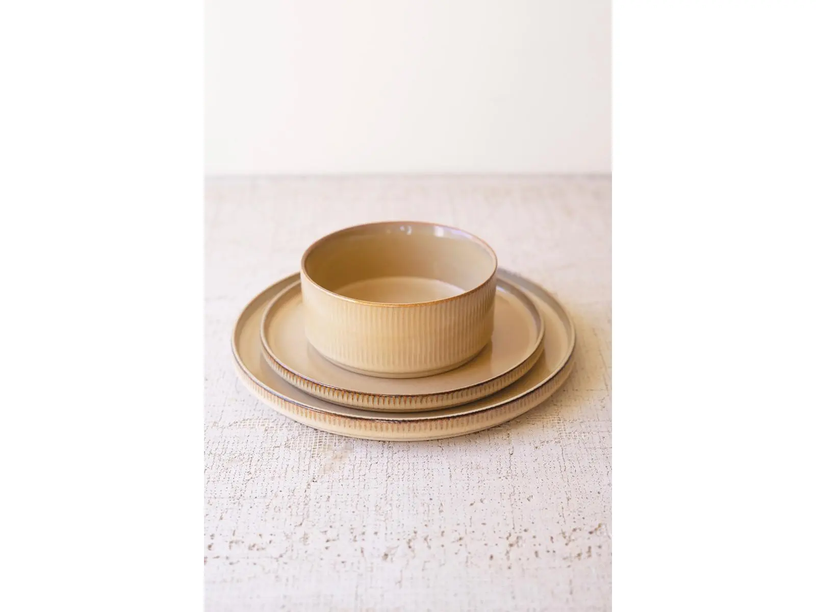 Kalalou CTE1033 3-Piece Rustic Khaki Ribbed Rim Ceramic Dinnerware Set - Round Dinner Plate, Salad Plate, Bowl, Brown Tableware, Three Pieces