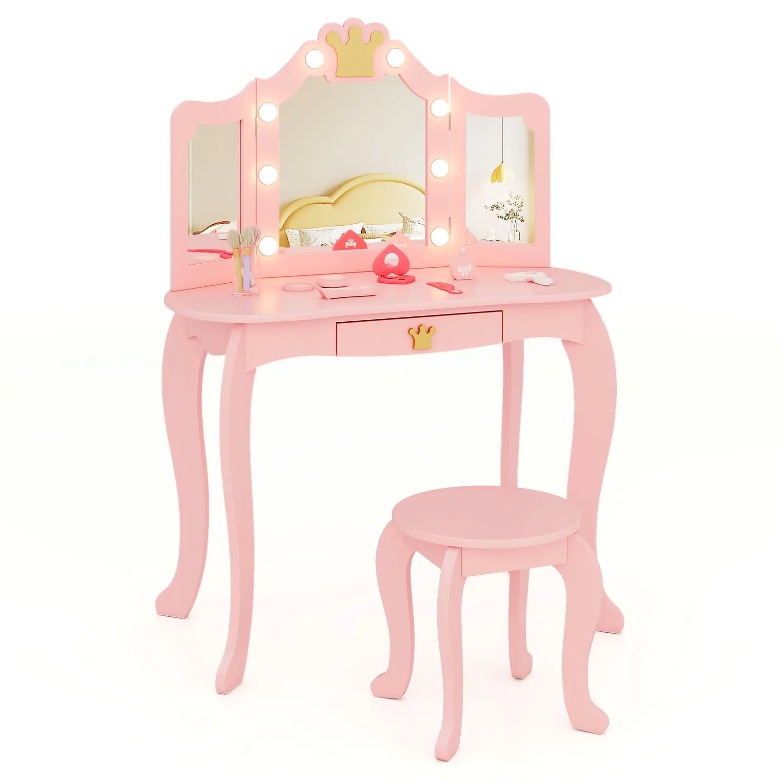 COSTWAY - Kids Vanity Set with Tri-fold Lighted Mirror Detachable Top and Stool-Pink
