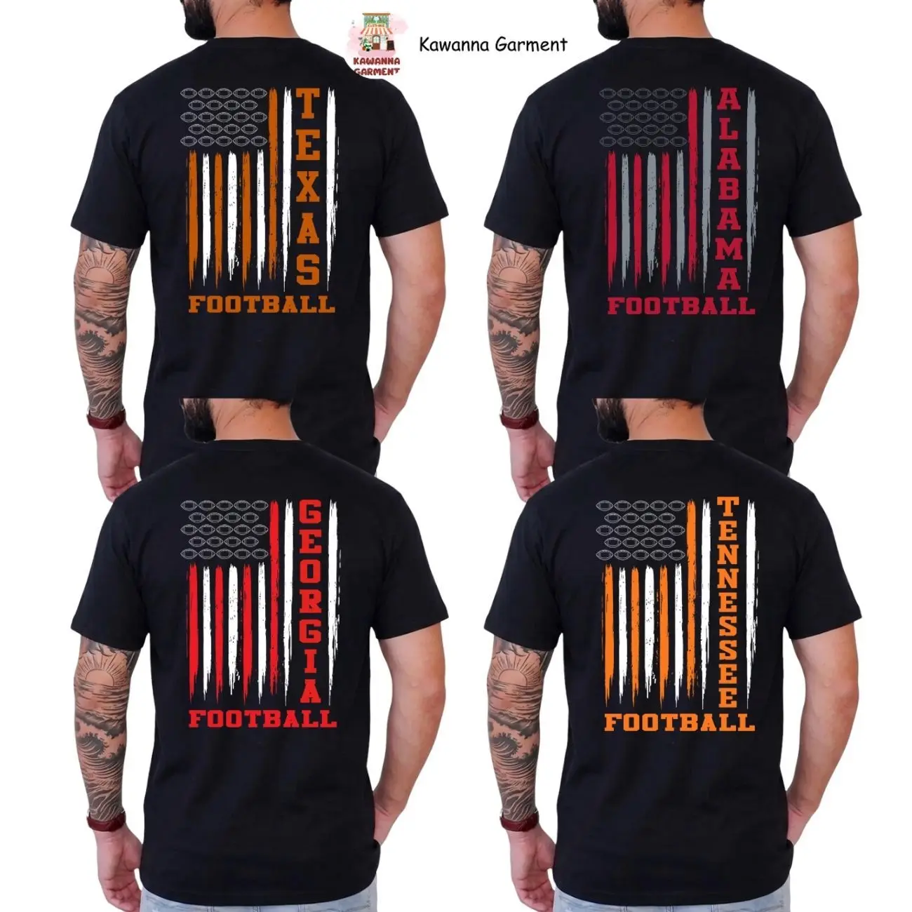 College Varsity Football Flag Black Color T-Shirt, American Flag Graphic Pullover Tee for Men and Women Gift for Football Fans Dad Husband