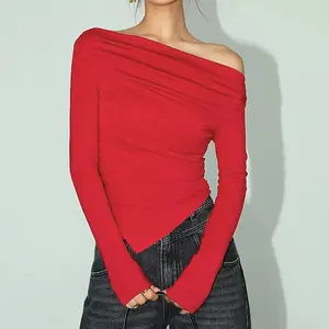 New styleWomen T-shirt Autumn New Sexy Red Off Shoulder Slim Tees Long Sleeves Streetwear Pullover Asymmetrical Lady Knitted T-shirt
