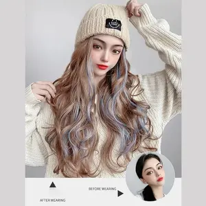 Women's Long Wavy Mix Blonde Wig with Hat One-Piece Dyed Knitted Medium Length Curly Hair Full Head Cover Simulated Human Hair