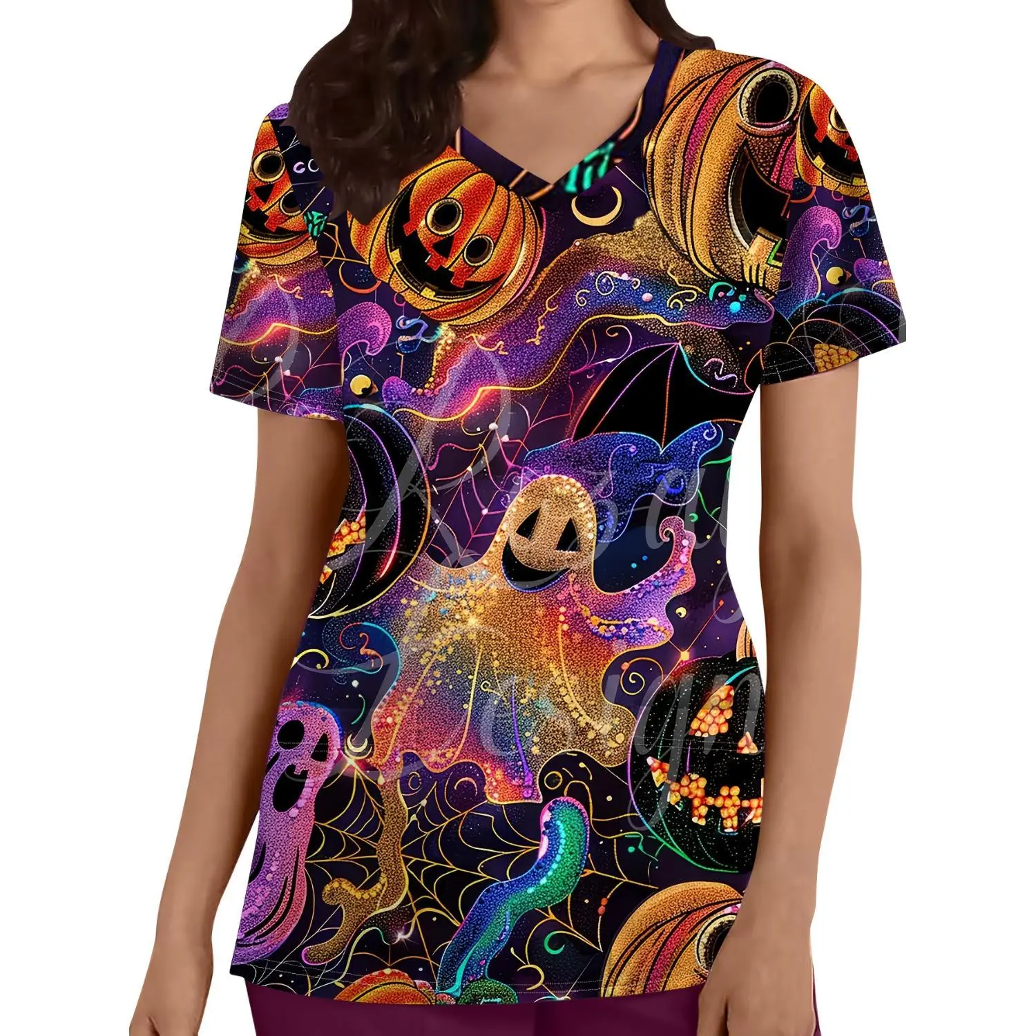 Women's Plus Size Halloween Nurse Costume Tunic - V-Neck Pocket Scrub Top, Short Sleeve Nursing Shirt, Ideal for Halloween Parties - Neon Luminous Print, All-Season Breathable Comfort