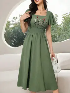 Women's Square Neck Floral Embroidery Midi Dress - Waist Cinching Short Sleeve Dress