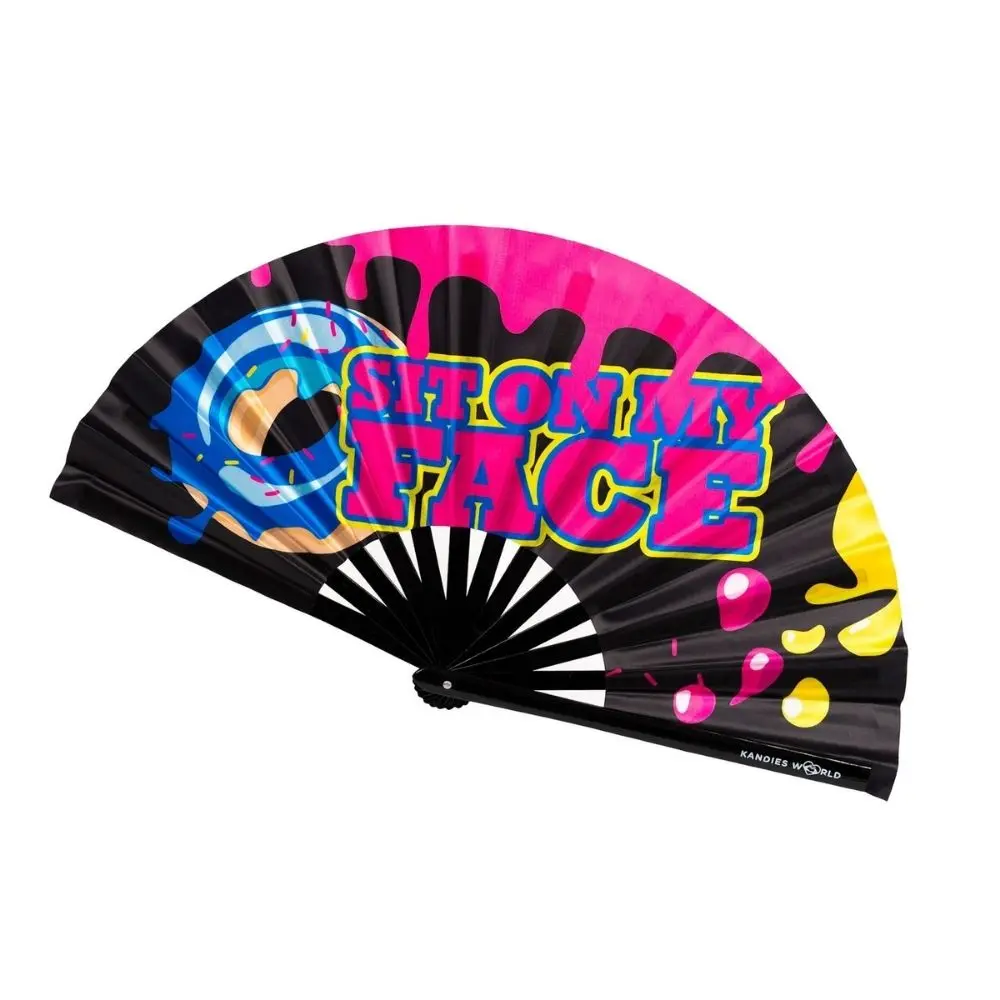 Kandies World Custom Bamboo Hand Fan - UV Reactive, Lightweight, Portable, Funny Playful Graphics, High-Quality Unique Festival Rave Accessory, 25x13.5in Sit-On Design, 25 X 13 ½ Inches