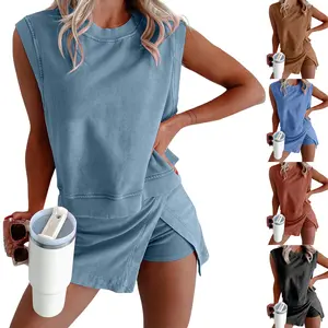 Tanming Womens Travel Outfits Summer Lounge Set Two Pieces Mineral Wash Cotton Tank Top Lined Split Athletic Skirt Set SummerFreshness #SpringStatements