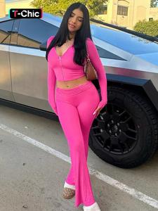 women's solid zip up hooded crop tight hoodie & high waist flare leg pants set, casual long sleeve zippered top & bell bottom trousers, ladies spring & fall clothes, fashion womenswear