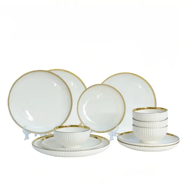Ceramic Dinnerware Sets for 12 Pieces Porcelain Lightweight Plates and Bowls Sets, Scratch Resistant Dish Set, Oven & Microwave & Dishwasher Safe,White vertically ribbed