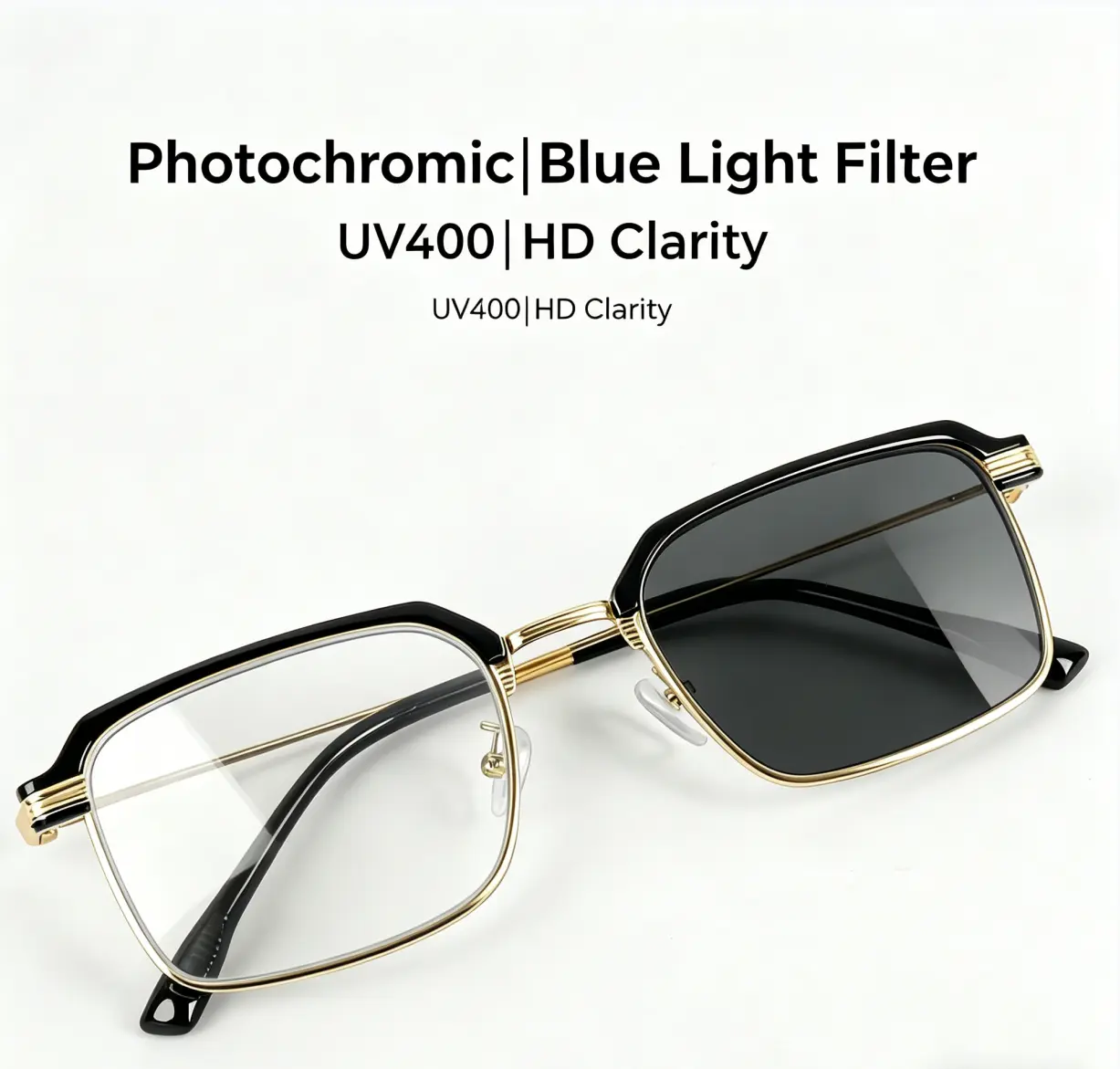 Unisex Photochromic Reading Glasses - Black-Gold Frame, UV400 Protection, Anti-Blue Light, Lightweight, Adjustable, Durable, High Definition Eye Protection for Summer Fashion Eyewear