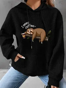 Women's Trendy Fashion Hooded Sweatshirt with Sloth Pattern, Long Sleeve Pocket Design, Fall & Winter Casual Top