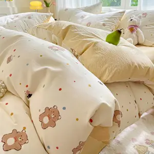 3/4pcs Crinkle Fabric Twin/twin Xl Bedding Set, Cute Bear & West Highland Prints, Includes Pillowcase, Sheet, Duvet Cover