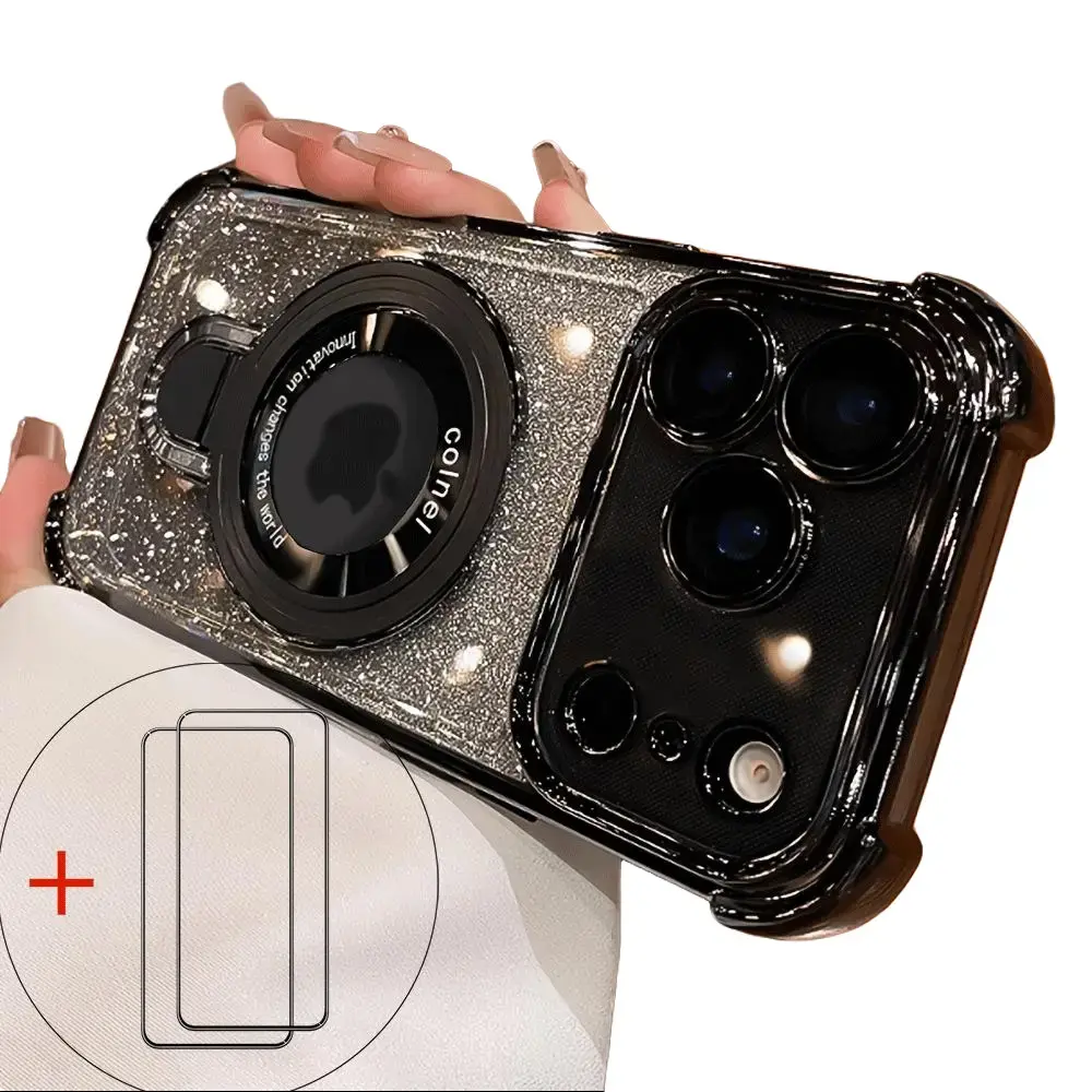 Phone Case - Phone Case:4Psnew Ultra-Shockproof Stand Phone Case with Electroplated Laser Glitter, Suitable for Iphone 17, 16, 15, 14, 13, 12, 11 Plus Pro Max Air. It Features a Stand And Supports Wireless Charging