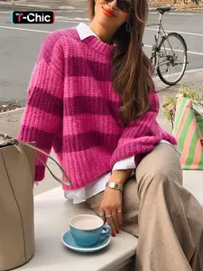 Women's Round Neck Colorblock Striped Knit Sweater, Long Sleeve Loose-Fitting Casual Pullover for Fall & Winter, Comfortable Daily Wear