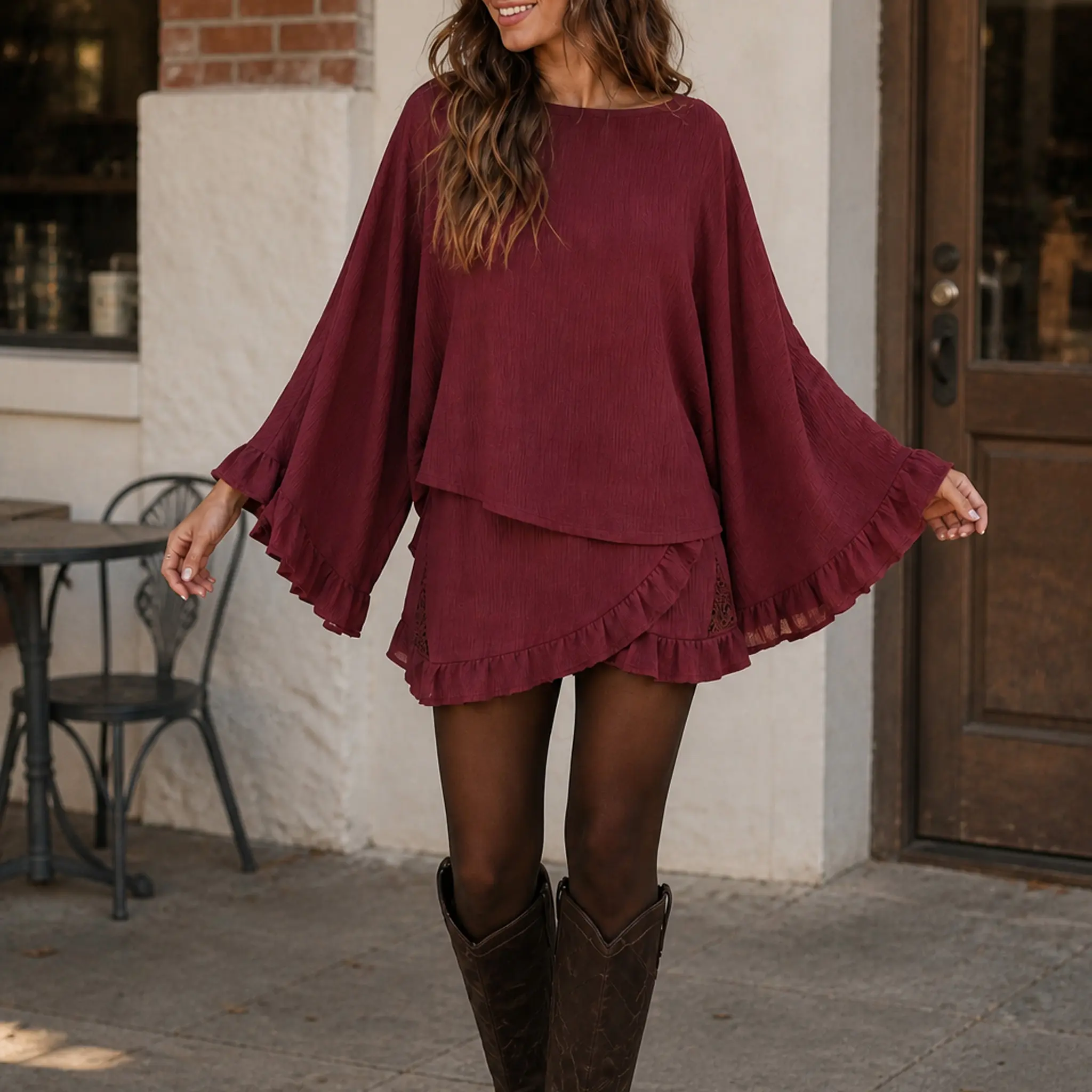 Women's Ruffle 2 Piece Outfit Sets-Flared Sleeve Top and Lace Paneling Shorts, Textured Breathable Fabric American Western Bohemian Style for Autumn Travel Dating Daily Outings