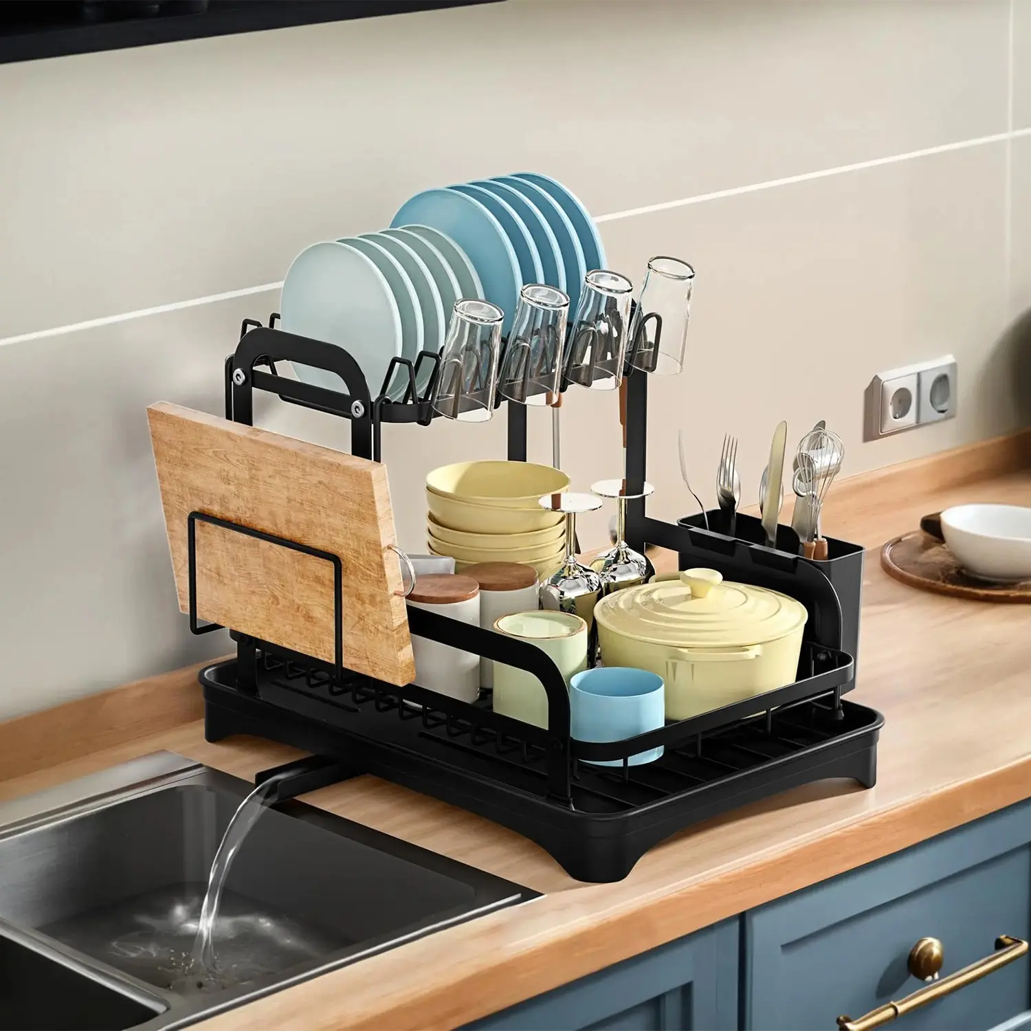 2-Tier Rustproof Dish Drying Rack with Drainboard