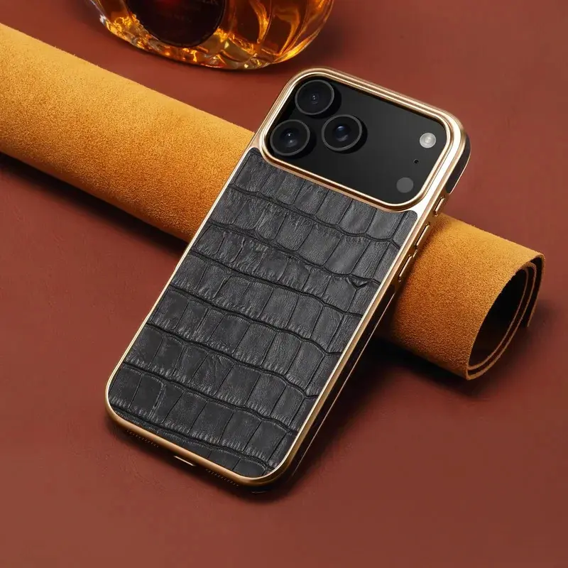 Genuine Crocodile Pattern Leather Casing for iPhone 16-17 Pro Max, High-End Business Smartphone Accessory with Handheld Protection
