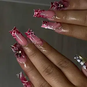 Fashionable Wearable Nails European Style French Polka Dot Leopard Print, Carved Gel Fake Nails, Flower Nails, Detachable Nail Art Accessories, Press On Nail, Fake Nails Set