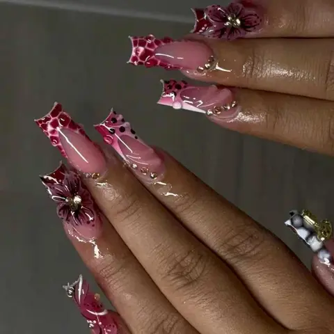 3D Embossed Fashion Wearable Decorative Nails, European Style Polka Dot Leopard Print, Handmade Rhinestone, Reusable Press-On False Nails, Reusable Fake Nails