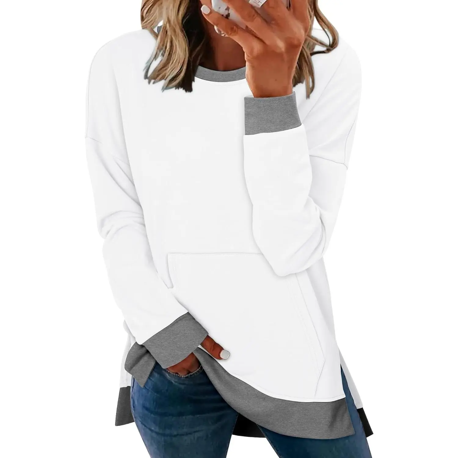 Onlypuff Crew Neck Oversized Sweatshirt Zipper Slit Long Sleeve Pullover for Women 2026 Trendy Fall Clothes
