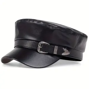Unisex Metal Belt Buckle Pu Leather Flat Caps Outdoor Sport Sunscreen Leisure Hat Spring Autumn Travel Tourism Beach Vacation