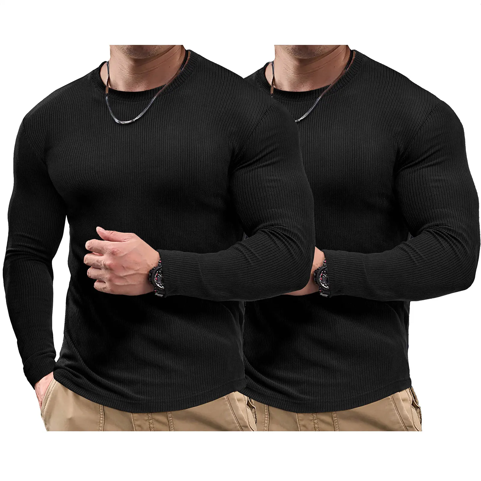 JMIERR Mens Long Sleeve Muscle T Shirts Casual Crewneck Knitted Longline Textured Tee Shirts for Gym Workout