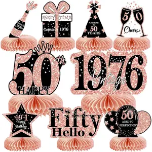 9Pcs 50th Birthday Decorations Honeycomb Centerpieces for Women, Rose Gold Pink Happy 50th Birthday Centerpieces Tables Toppers Party Decorations Supplies, Vintage 1976 Aged Table Sign Decor