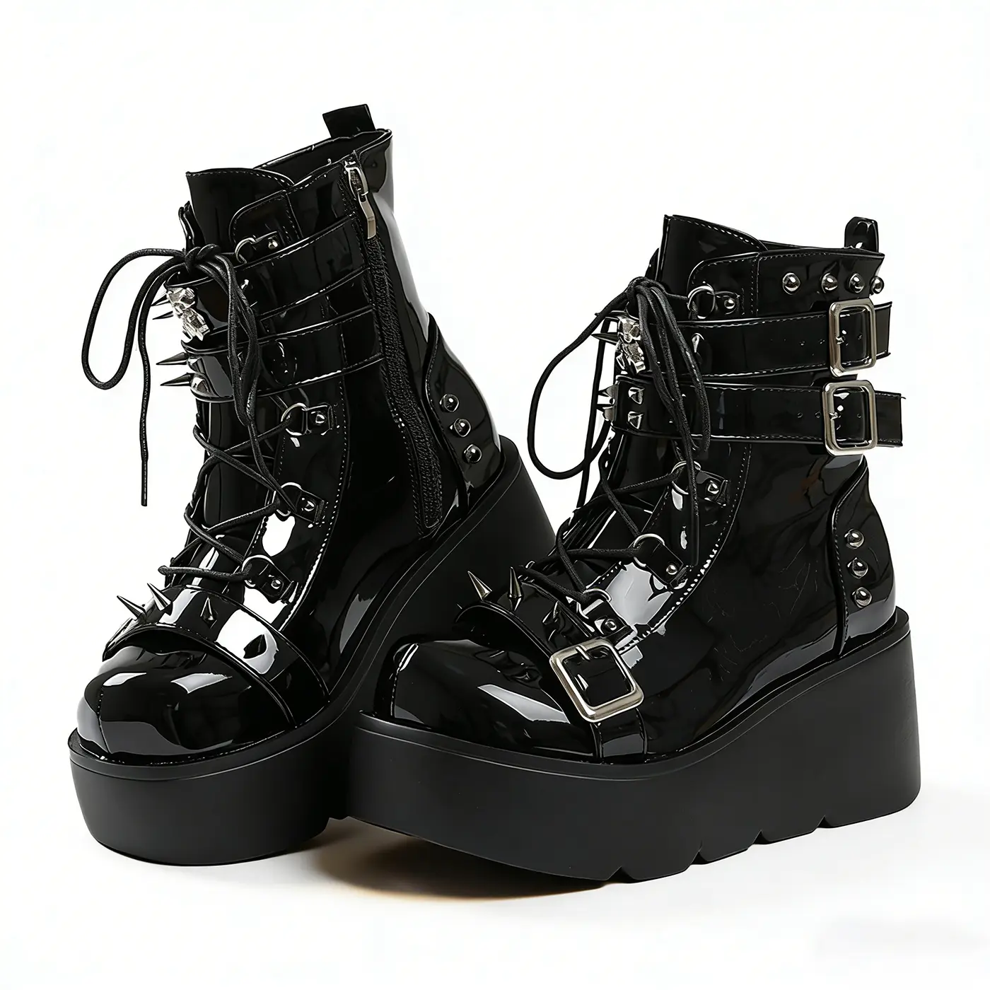 Punk Goth Platform Ankle Boots for Women, Patent Shine Leather with Spiked Studs, Chains, and Multi-Buckle Straps, Party, Platform Wedge, Spikes Studs, Casual Wear, Wear-Resistant Sole, Round Toe, Rubber Sole