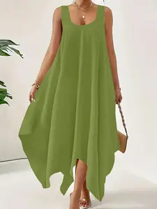 Elegant Plus Size Women's U-Neck Wide Shoulder Strap Long Dress, Comfortable Fit, Unique Asymmetrical Hem, Simple Style