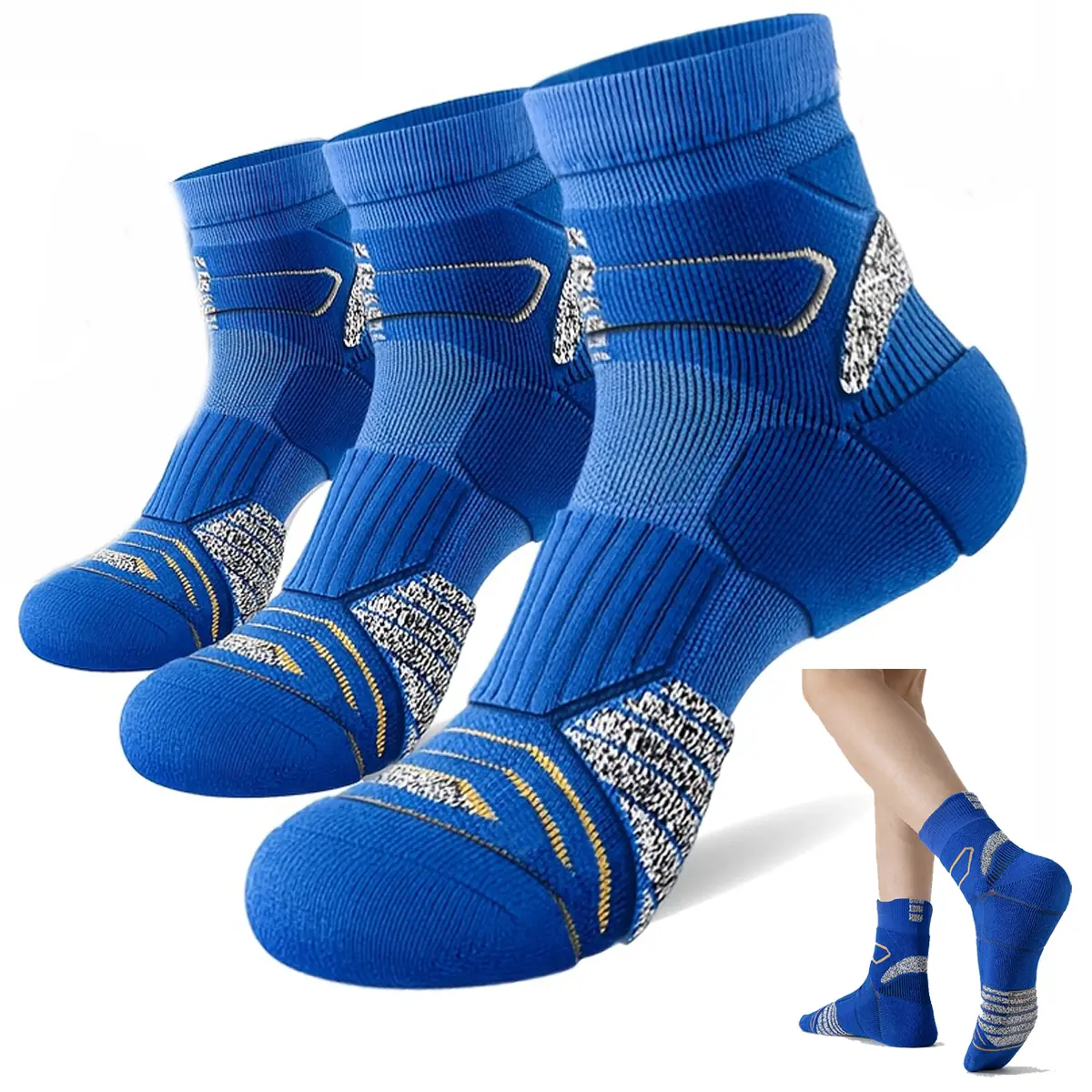 3 Pairs Men's Athletic Compression Running Socks Anti Slip Cushioned Terry Bottom Arch Support Seamless Toe Breathable Wicking Sport Socks for Basketball Gym Workout