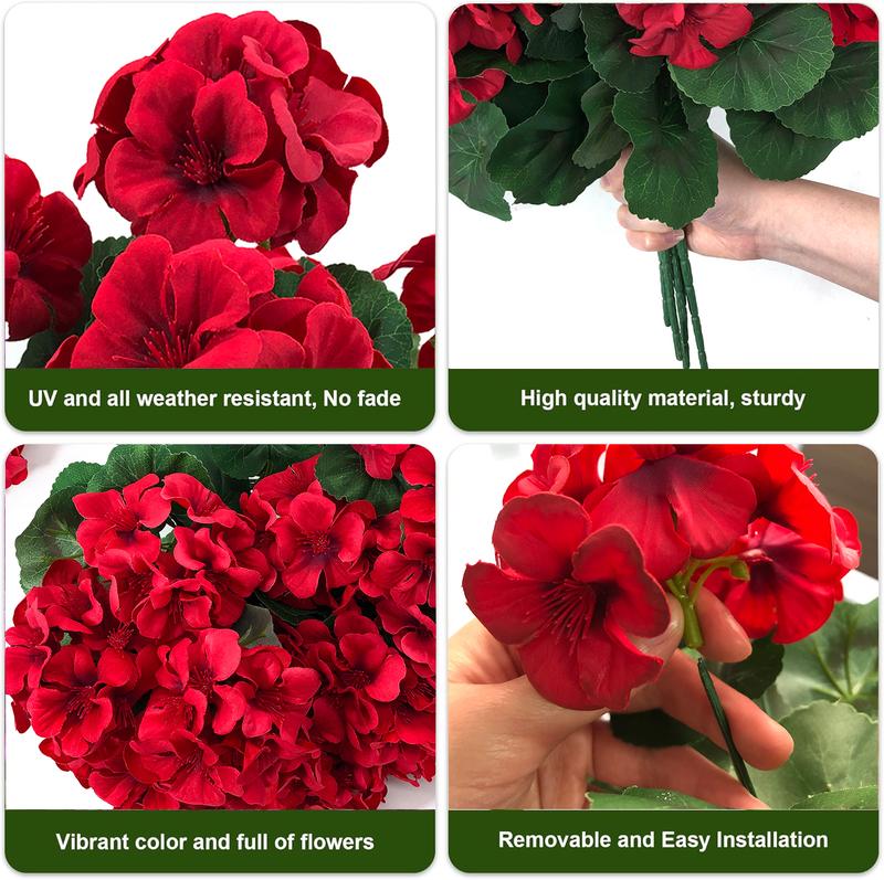 8 bundles of outdoor artificial geraniums, artificial plant UV resistant plastic flowers, used for indoor, outdoor, courtyard, hanging flower pots, porch, window home decoration (8, red)