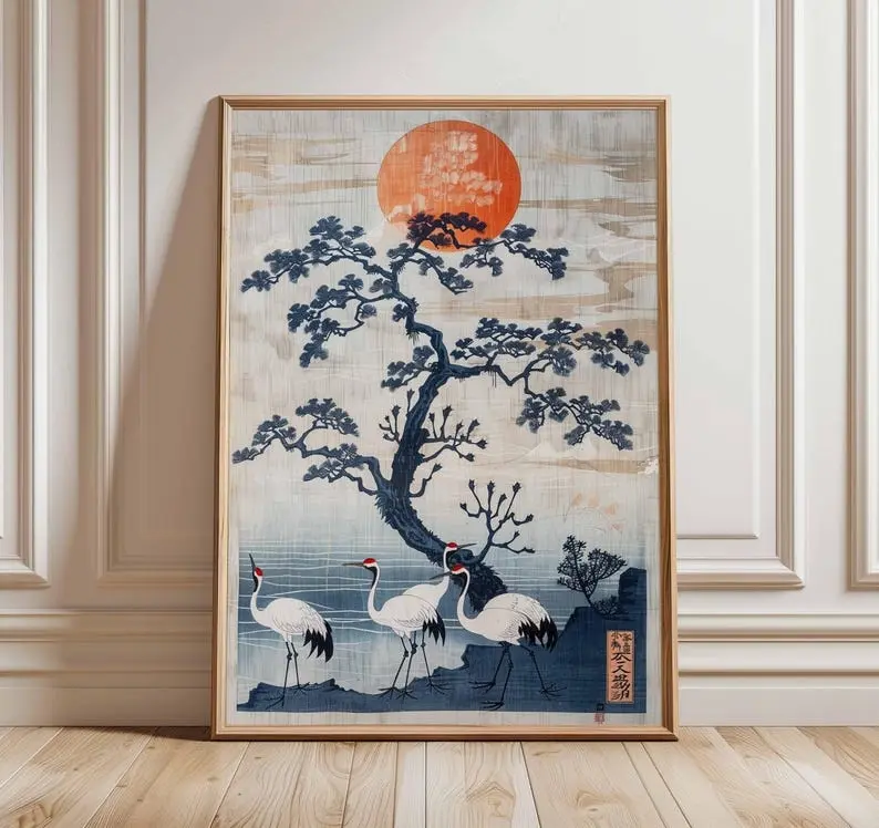 Vintage Japanese Crane Ukiyo-e Art Paper Poster - Asian Red Sun, Pine Tree Prints, Traditional Oriental Unframed Wall Decor, Home Supply (8x10,12x18,17x17,18x24,24x24,27x40,30x30 in Multi-Size Options, With Tube), Wall Decoration