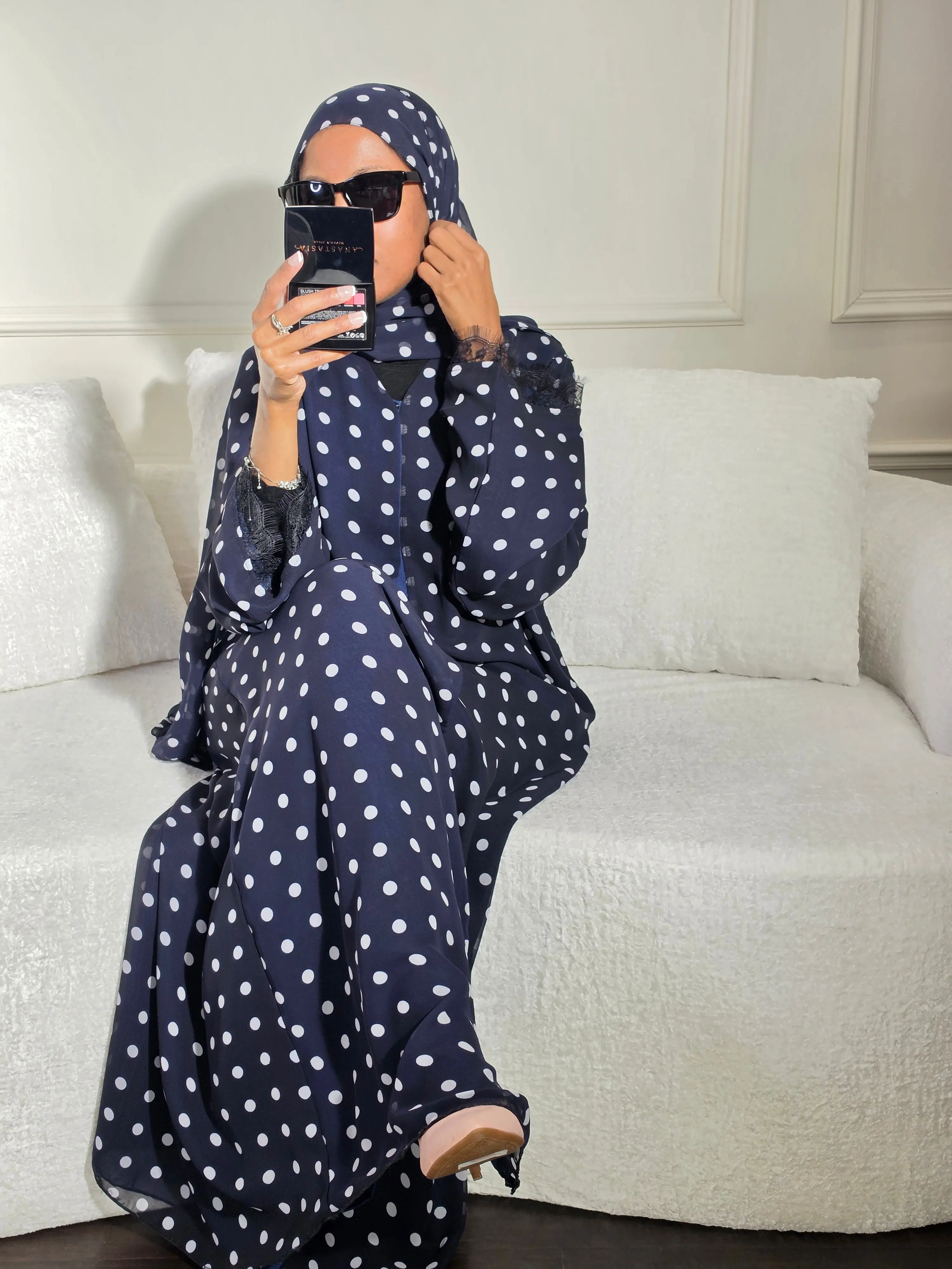 Basma Polka Dot Double Chiffon Open Abaya with Matching Hijab