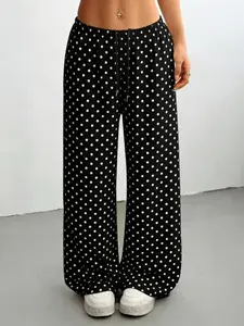 Summer Vintage Polka Dot Wide Leg Pants for Women, High Waist Drawstring Design, Slimming Straight Fit, Casual Summer