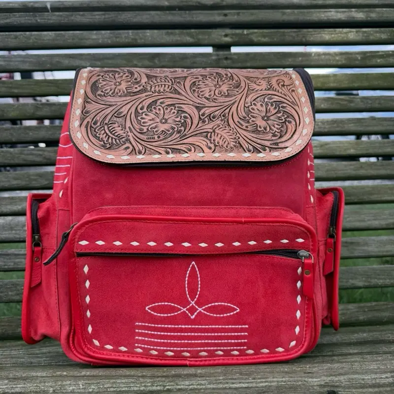 Genuine hand tooled leather & suede backpack- red suede boot stitch with tooled leather