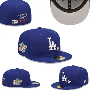 New Era LA Dodgers 59FIFTY Fitted Hat – Royal Blue Flat Brim Snapback Cap Featuring White LA and Heart Logo, World Series Side Patch And Love Hustle Game Embroidery
