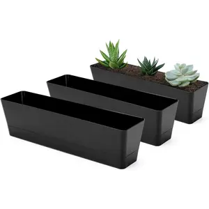 3 count 16x3.8 Inch Window Boxes Planters, Black Rectangle Planters Box with Drainage Holes and Trays,    Plastic Pot for Windowsill, Garden, Balcony, Indoor, Outdoor Decor