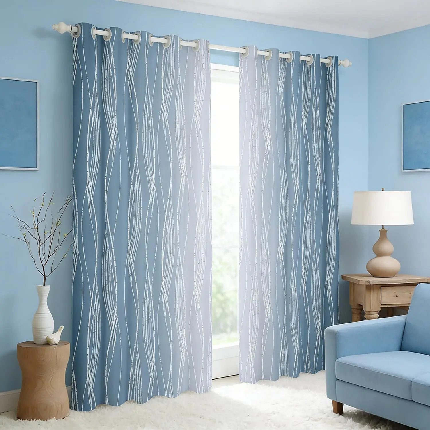 Blue and Greyish White Blackout Curtains Abstract Ombre Curtains & Drapes Geometric Silver Striped Window Curtains Modern Fashion Line Window Treatments 2 Panels Room Decor
