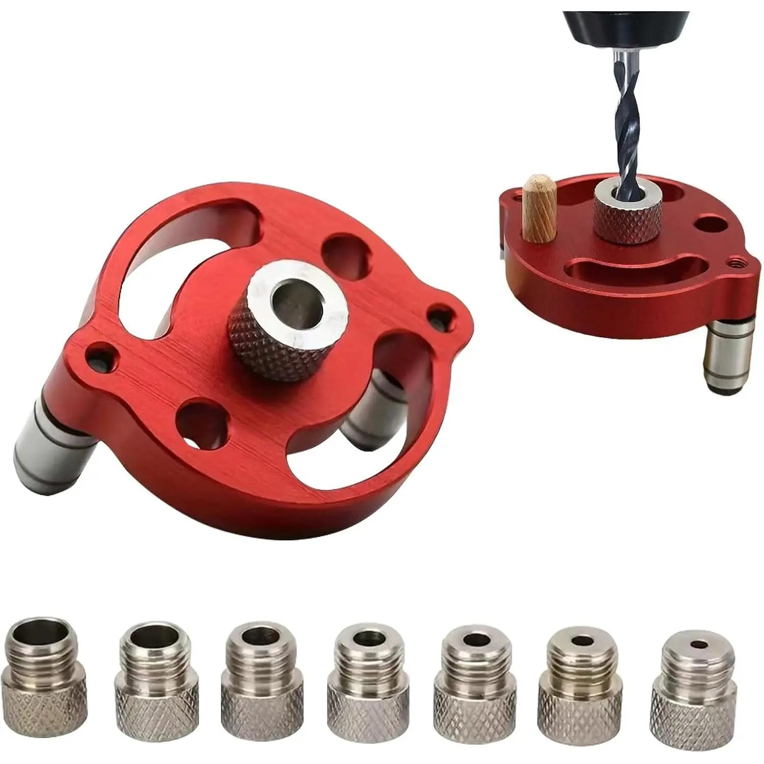 GJANSH Drill Guide Locator, Vertical Self Centering Dowel Jig Kit 3/4/5/6/7/8/9/10mm Drill Bushings, Woodworking Straight Hole Puncher Dowel Jig Positioner Locator Hand Dril-l Tool(COLOR:Red)