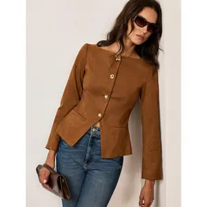 Suede Effect Fitted Metal Button Jacket