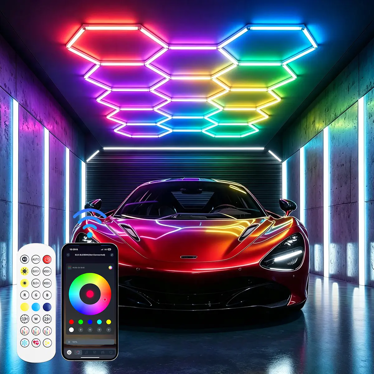 14-Grid RGB Hexagon LED Ceiling Light, DIY Honeycomb Panel with App & Remote Control, Music Sync, Multi-Color Dimmable Speed-Adjustable Fixture for Gaming Room, Garage Home Decor