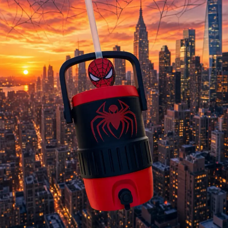 Red & Black Spider Hero 3D Printed Mini Drink Dispenser with Straw & Topper | Novelty Cup with Handle