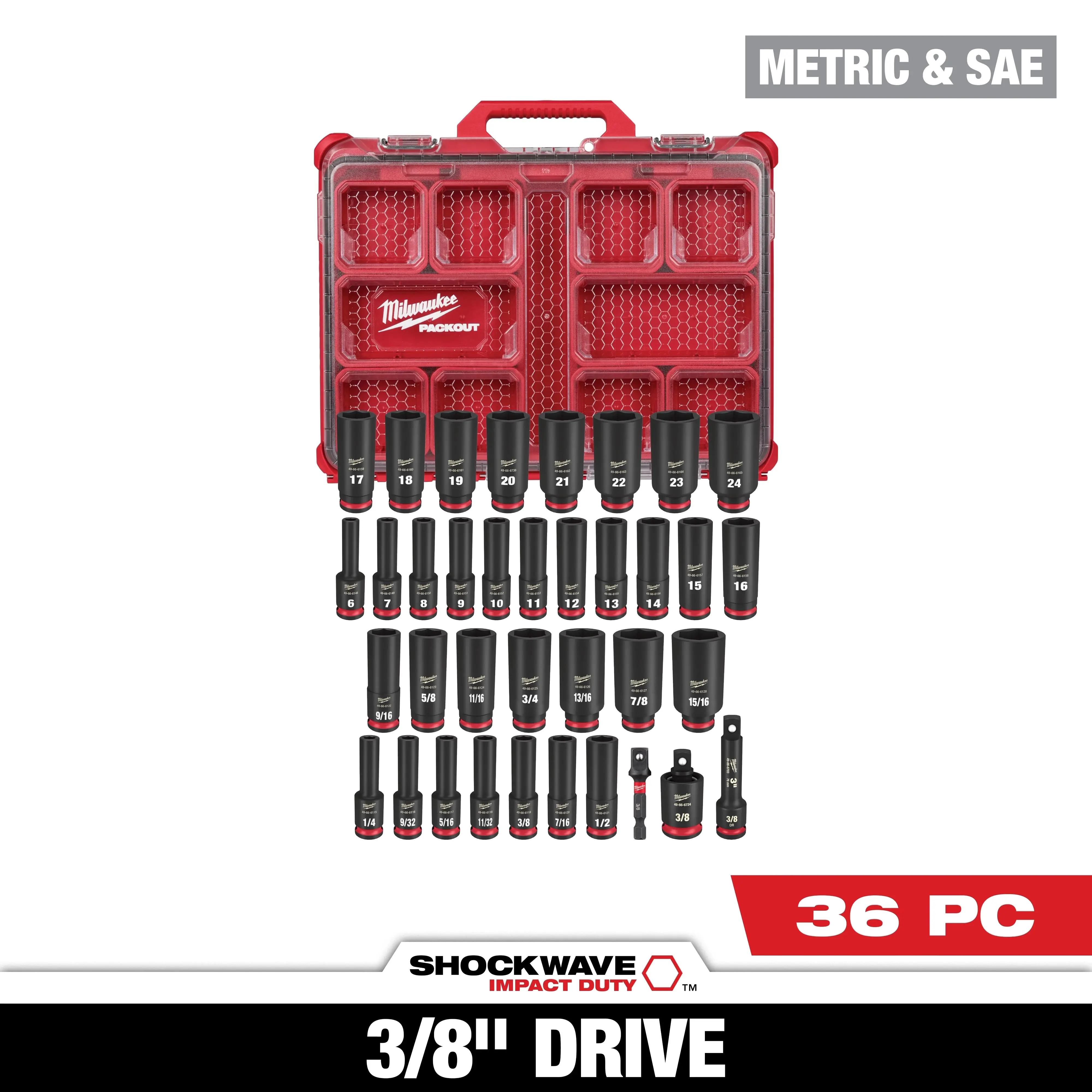 Milwaukee 49-66-6805 High-Strength Forged Steel Impact Duty Socket Wrench Set, 36PC Shockwave 3/8” Drive, Fast Size ID, Low-Profile Pack, Dual-Hole Grip, High Torque with Ink-Filled Marking, Impact Duty Socket Set